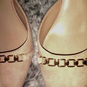 NINE WEST Suede Leather Ankle Strappy Kitten Heels Sandals Nude Tan Size 8.5